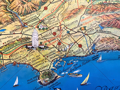 Antique Southern California 1946 Roads to Romance Pictorial Map – Los Angeles, San Diego, Santa Barbara, Malibu, Simi Valley, Ventura, CA