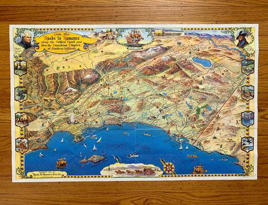 Antique Southern California 1946 Roads to Romance Pictorial Map – Los Angeles, San Diego, Santa Barbara, Malibu, Simi Valley, Ventura, CA