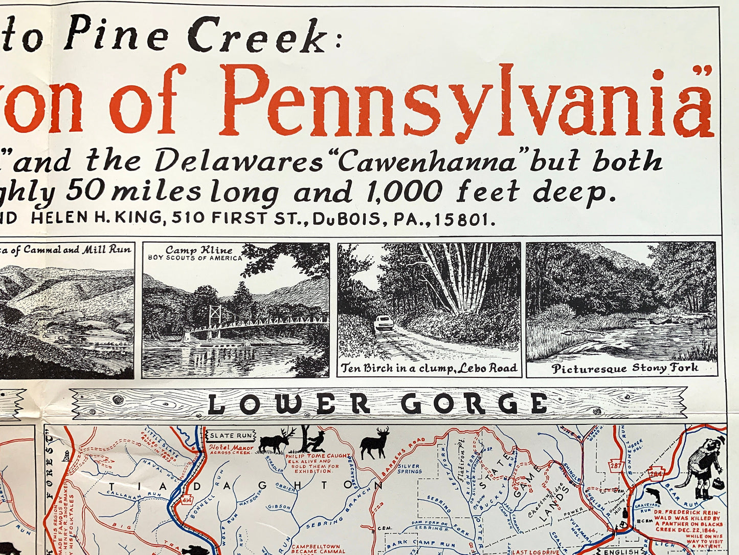 Antique 1950's Pennsylvania Map "Grand Canyon of Pennsylvania" by Samuel A. King – Tioga, Lycoming, Clinton County, Sproul State Forest, PA