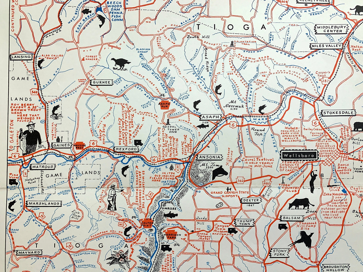 Antique 1950's Pennsylvania Map "Grand Canyon of Pennsylvania" by Samuel A. King – Tioga, Lycoming, Clinton County, Sproul State Forest, PA