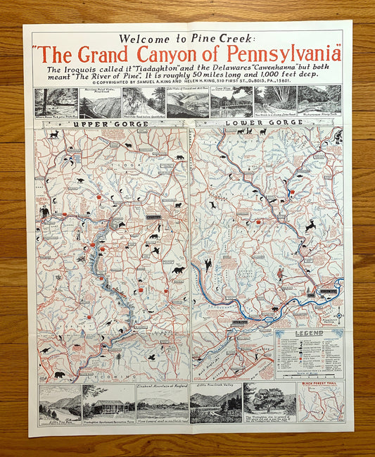 Antique 1950's Pennsylvania Map "Grand Canyon of Pennsylvania" by Samuel A. King – Tioga, Lycoming, Clinton County, Sproul State Forest, PA