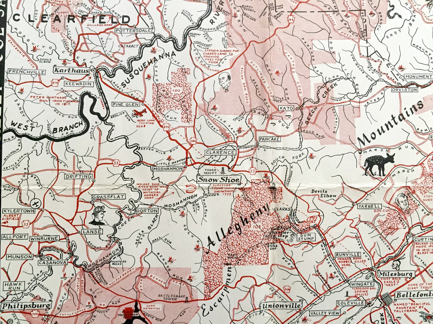 Antique 1953 Pennsylvania Map "Heart of the Alleghenies" by Samuel A. King – Clinton, Lycoming, Centre, Union, Snyder, Mifflin County, PA
