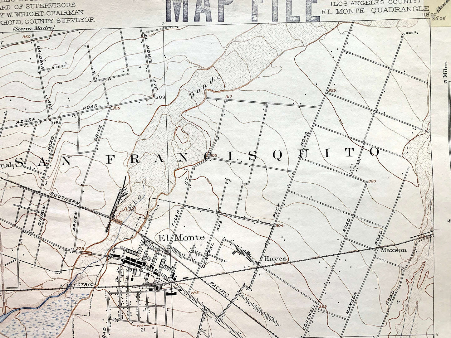 Antique El Monte, California 1926 US Geological Survey Topographic Map – Los Angeles, San Marino, San Gabriel, Alhambra, Monterey Park, CA