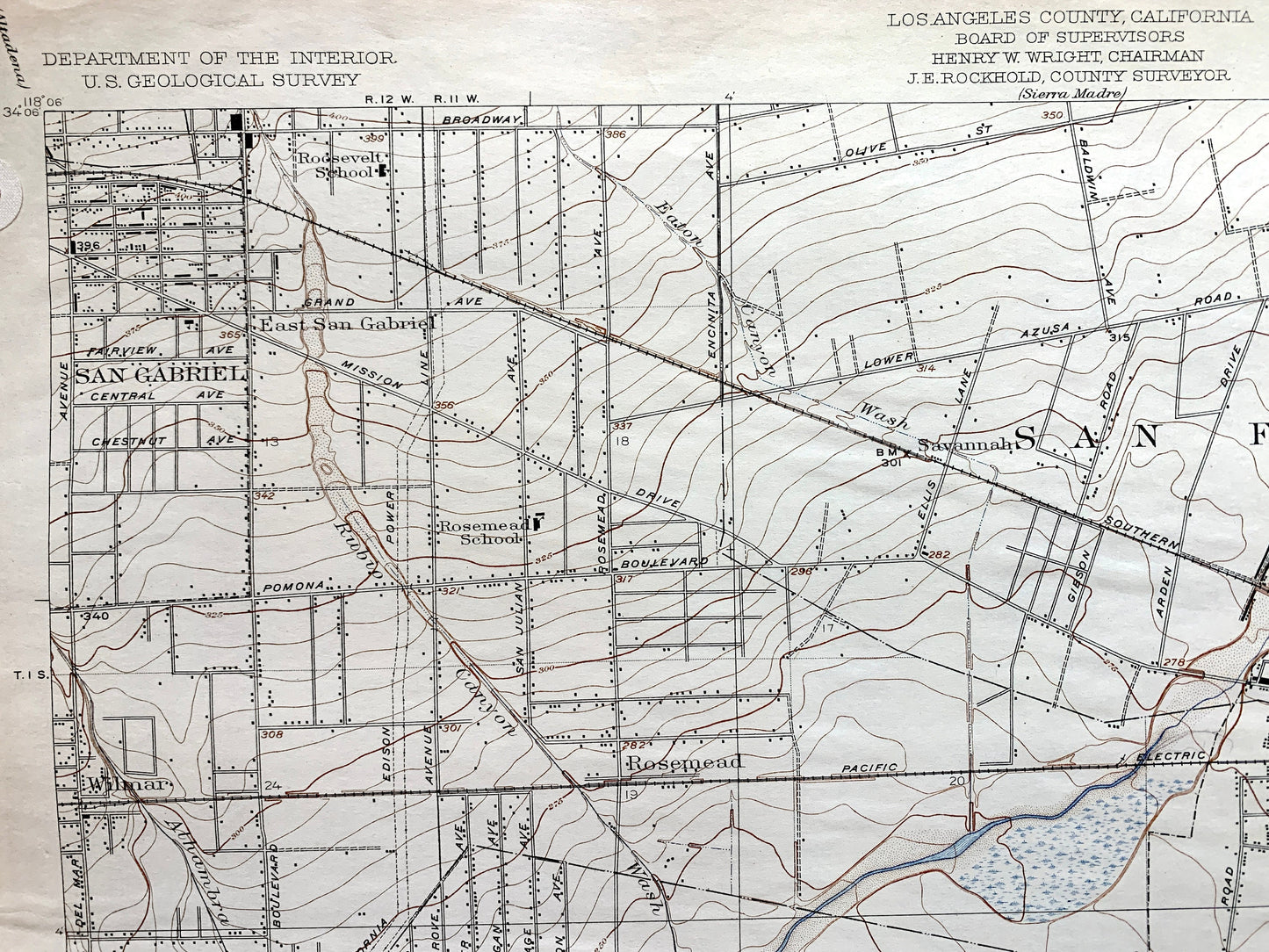 Antique El Monte, California 1926 US Geological Survey Topographic Map – Los Angeles, San Marino, San Gabriel, Alhambra, Monterey Park, CA