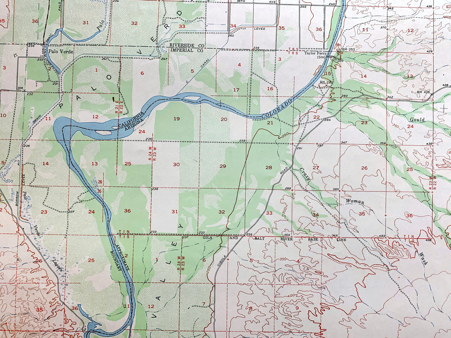 Antique Cibola, Arizona 1951 US Geological Survey Topographic Map – Palo Verde, Colorado River, Yuma Imperial County California, AZ, CA