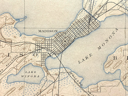 Antique Madison, Wisconsin 1892 US Geological Survey Topographic Map – Dane County, Elmside, Waunakee, Lake Mendota, Monona, Waubesa Dunn WI