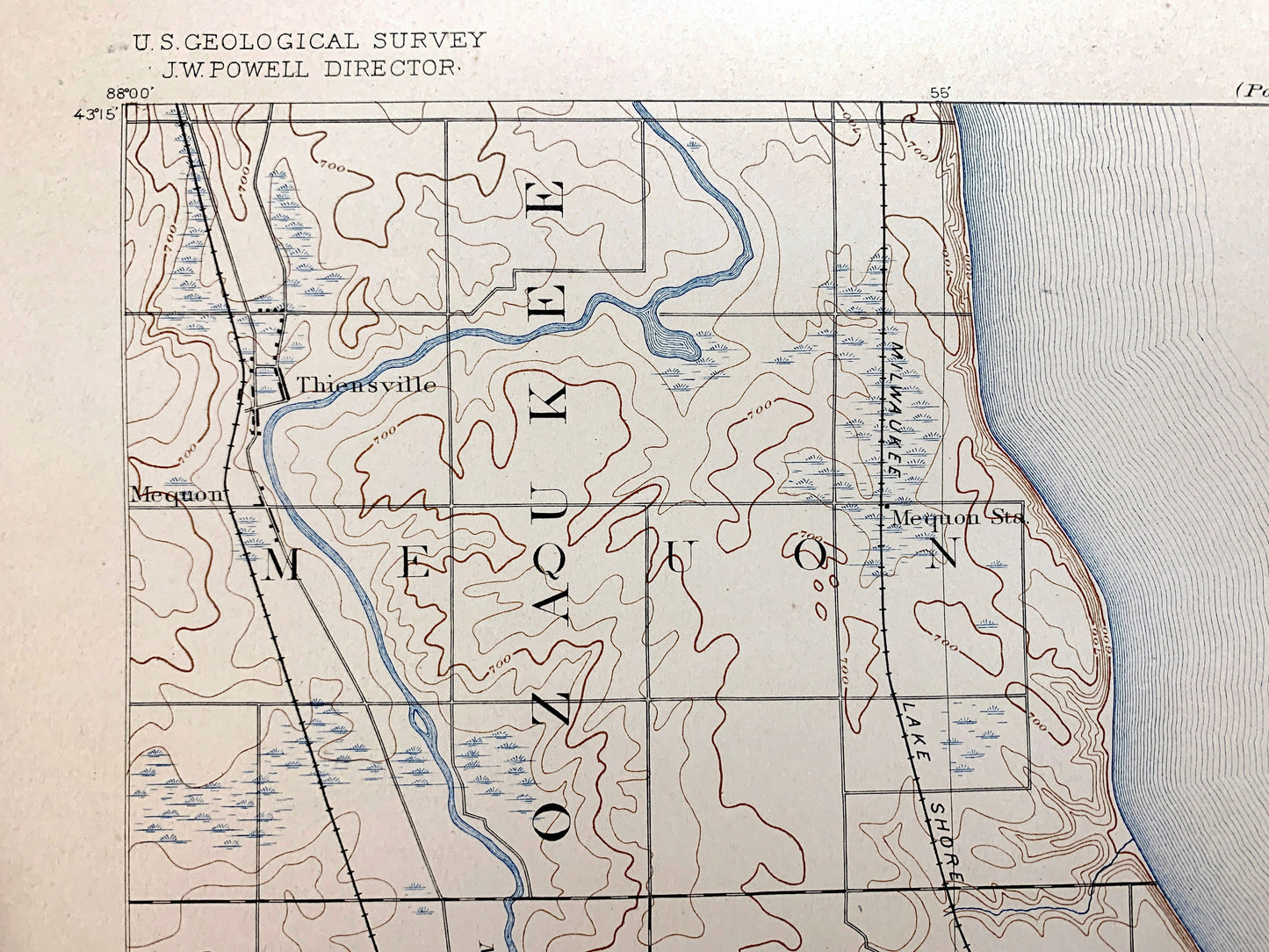 Antique Milwaukee, Wisconsin 1892 US Geological Survey Topographic Map – Ozaukee County, Lake Michigan Brown Deer Whitefish Bay Menomonee WI