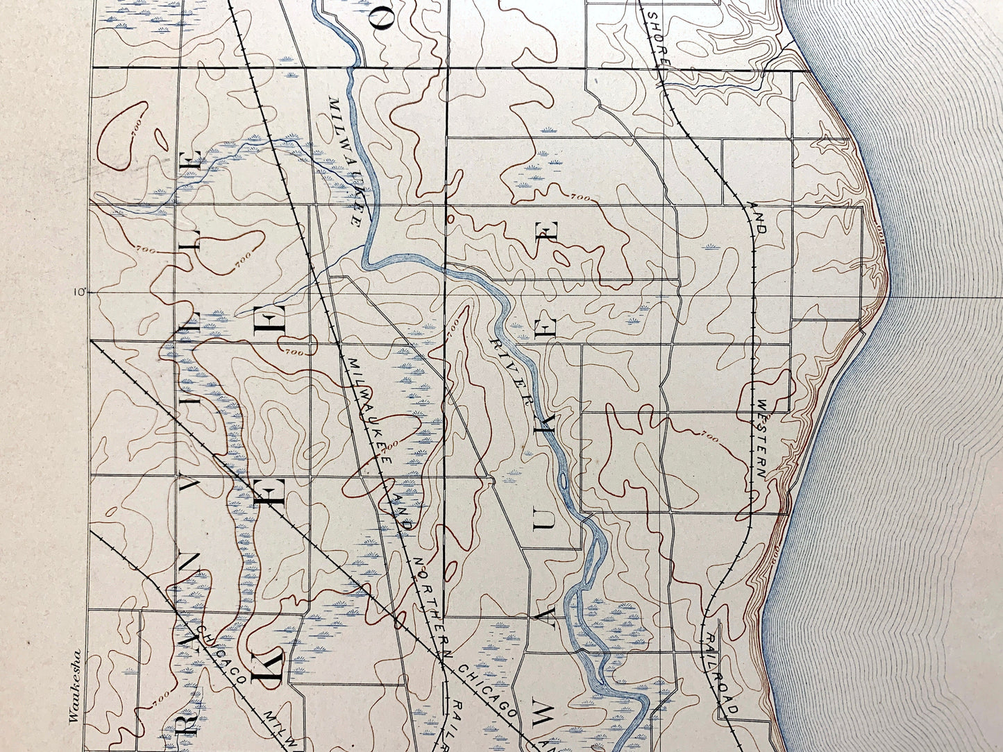 Antique Milwaukee, Wisconsin 1892 US Geological Survey Topographic Map – Ozaukee County, Lake Michigan Brown Deer Whitefish Bay Menomonee WI