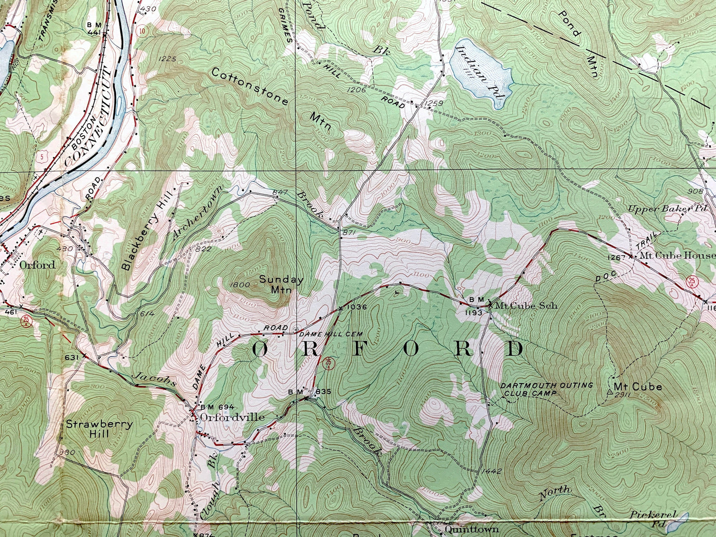 Antique Mt Cube, New Hampshire 1931 US Geological Survey Topographic Map – Grafton County, Orford, Lyme, Thetford, Fairlee, Vermont, NH VT