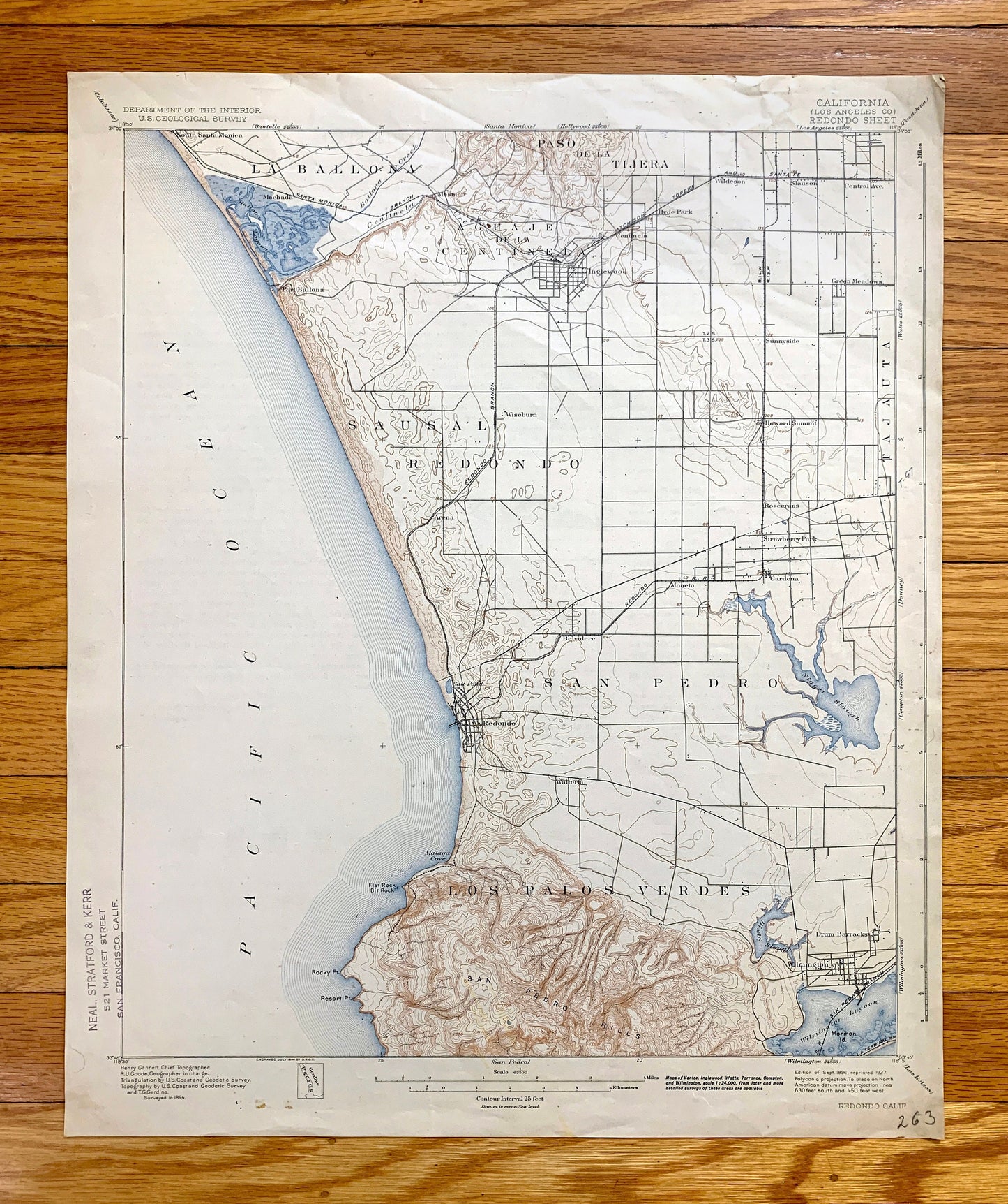 Antique Redondo Beach, California 1896 US Geological Survey Topographic Map – Los Angeles County, San Pedro, Torrance, Hermosa, Clifton, CA