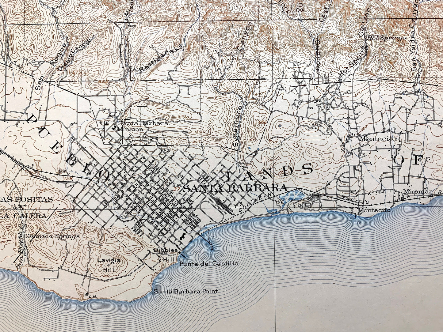 Antique Santa Barbara, California 1903 US Geological Survey Topographic Map – Montecito, Summerland, El Rincon, Santa Ynez Mountains CA