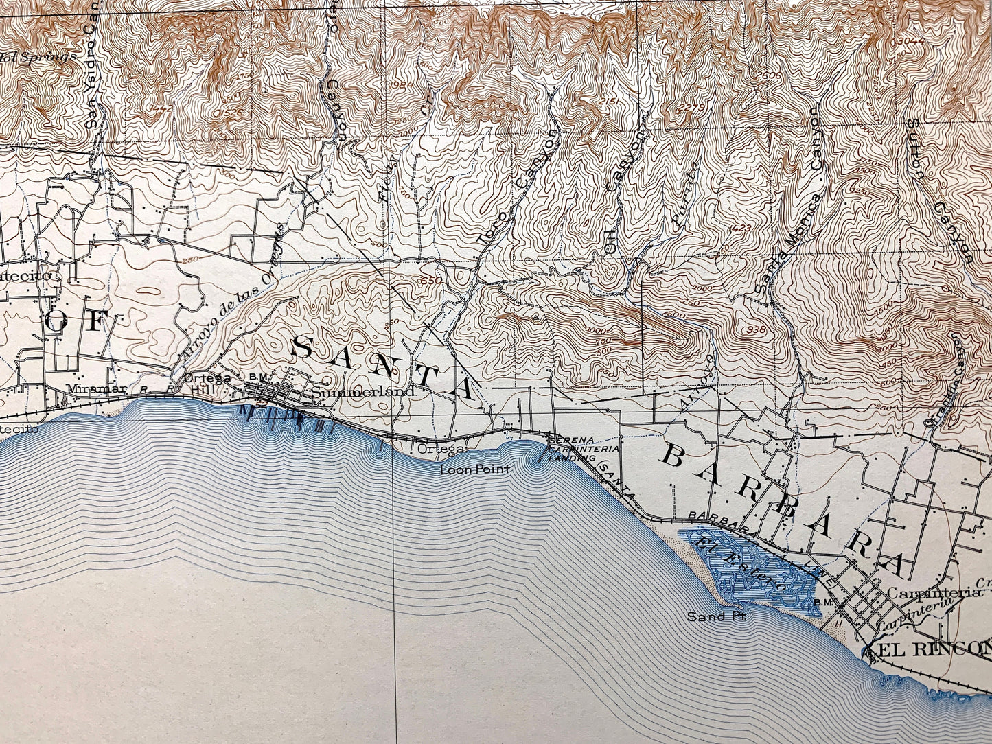 Antique Santa Barbara, California 1903 US Geological Survey Topographic Map – Montecito, Summerland, El Rincon, Santa Ynez Mountains CA