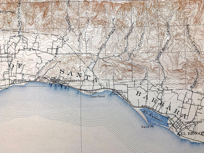 Antique Santa Barbara, California 1903 US Geological Survey Topographic Map – Montecito, Summerland, El Rincon, Santa Ynez Mountains CA