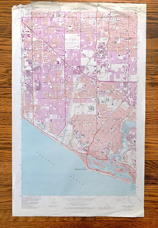 Antique Newport Beach, California 1965 US Geological Survey Topographic Map – Huntington, Balboa, Corona del Mar, Santa Ana Orange County CA