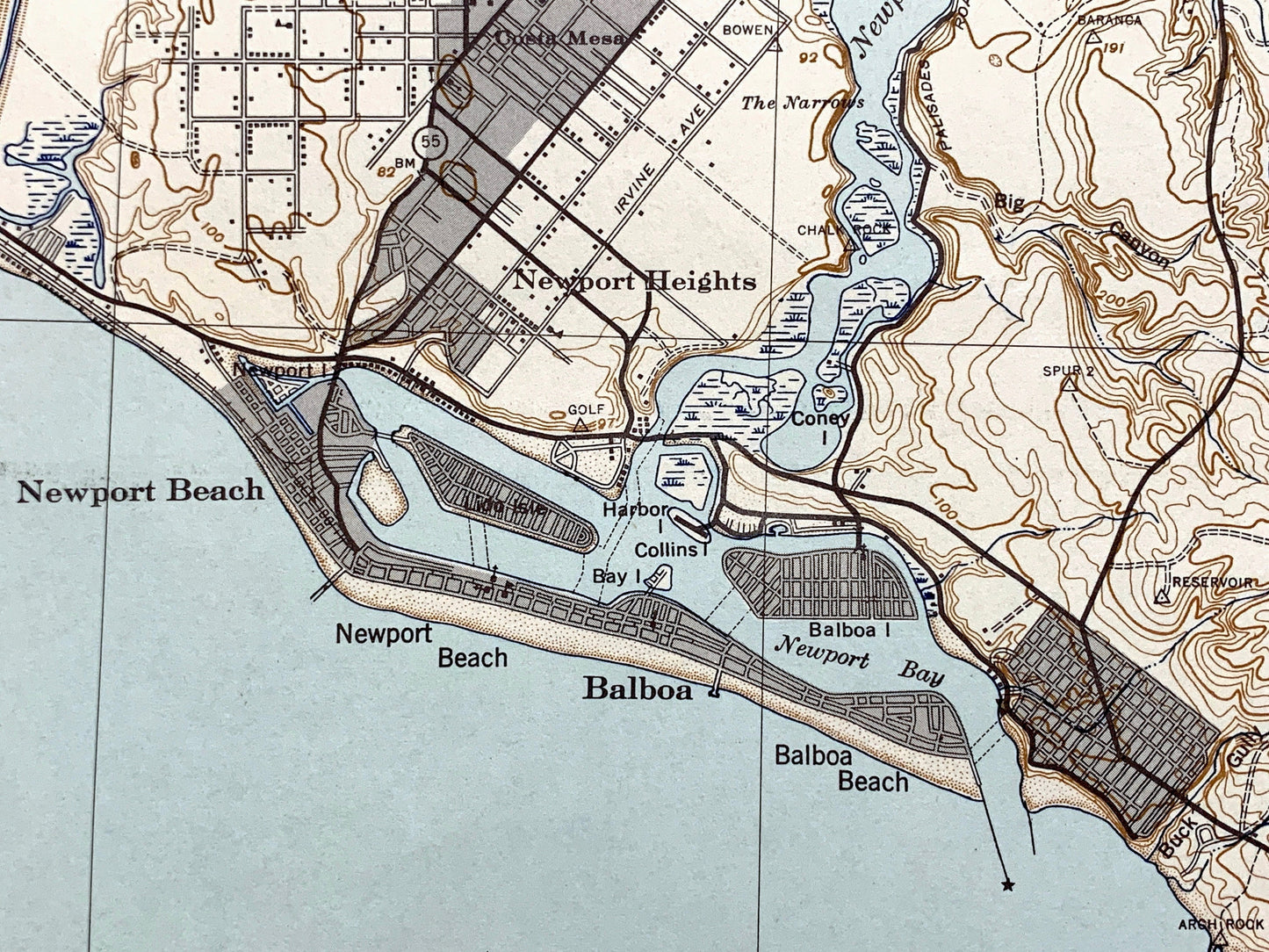 Antique Newport Beach, California 1942 US Geological Survey Topographic Map – Santa Ana, Huntington, Corona del Mar, Orange County, CA