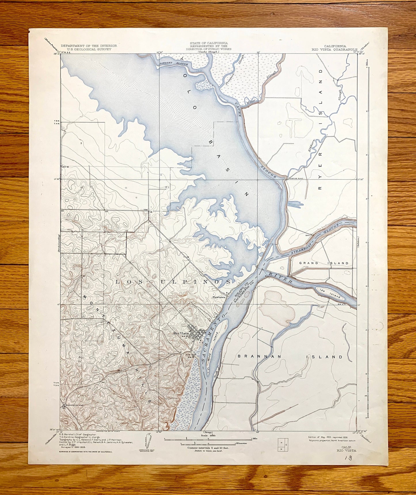 Antique Rio Vista, California 1910 US Geological Survey Topographic Map –  Brannan Island, Los Ulpinos, Yolo Basin, Ida Ryer Island, CA