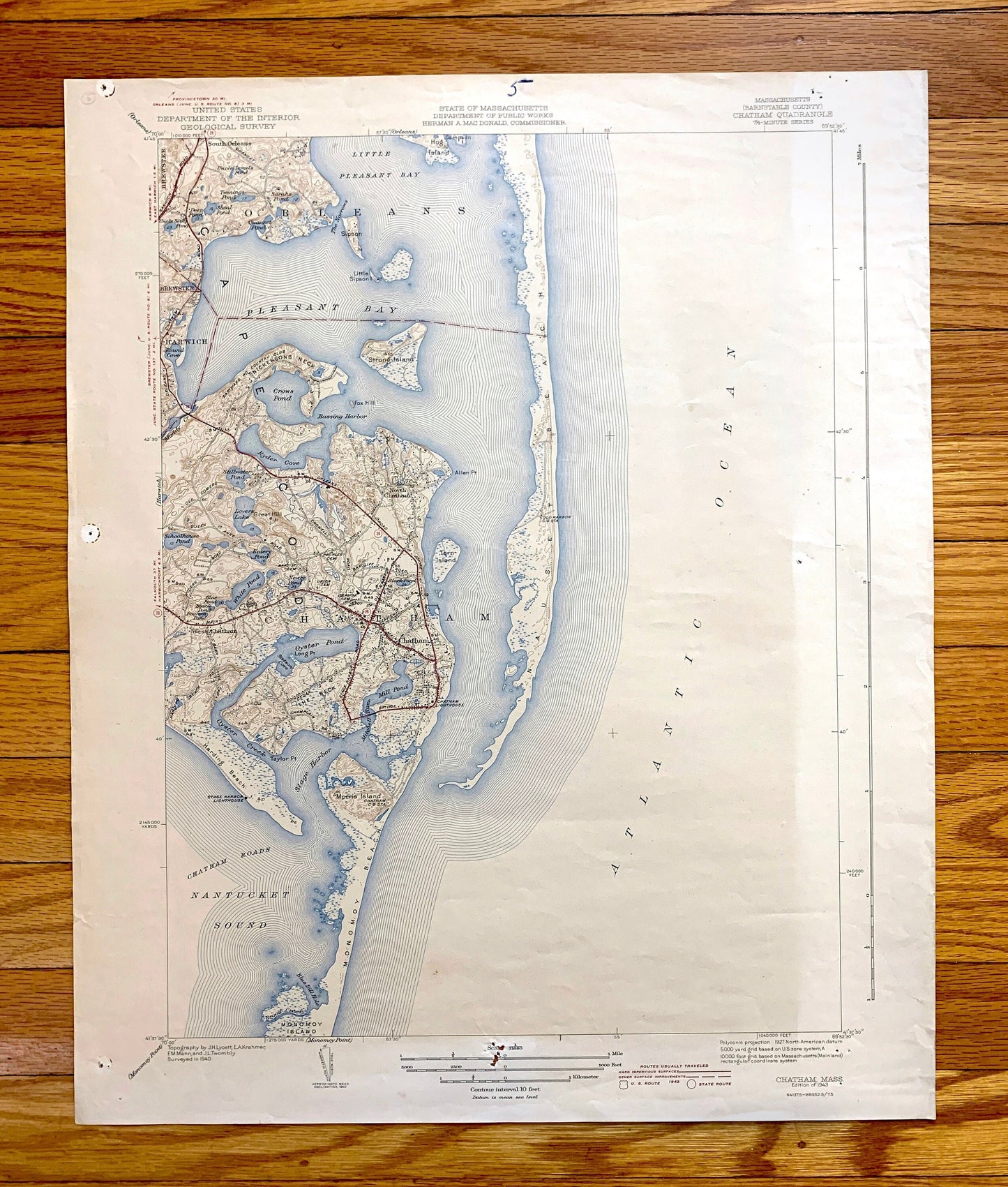 Antique Chatham, Massachusetts 1943 US Geological Survey Topographic Map – Barnstable County, Brewster, Harwich, South Orleans, Cape Cod, MA