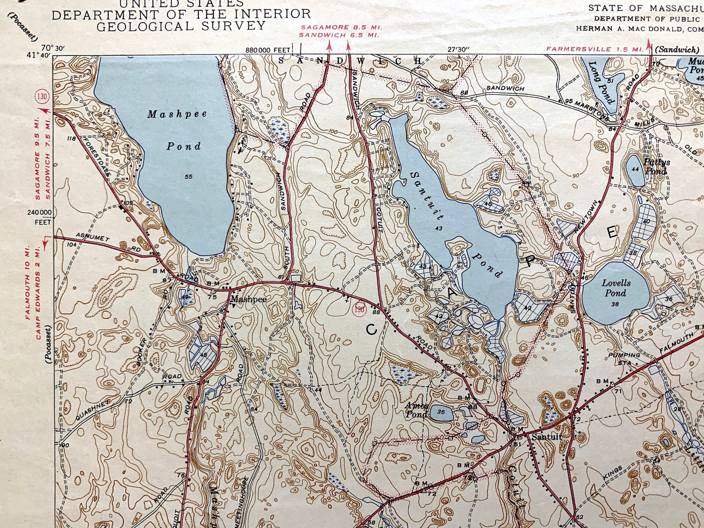 Antique Mashpee, Massachusetts 1943 US Geological Survey Topographic Map – Cape Cod, Cotuit, Barnstable County, Nantucket Sound, Sandwich MA