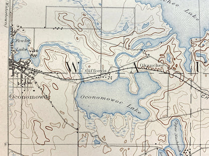 Antique Oconomowoc, Wisconsin 1892 US Geological Survey Topographic Map – Merton, Delafield, Ottawa, Genesee, Waukesha, Pewaukee, Summit, WI