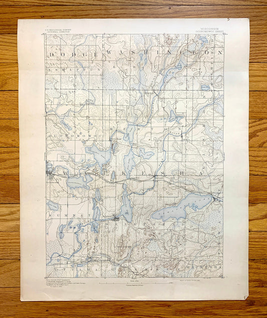 Antique Oconomowoc, Wisconsin 1892 US Geological Survey Topographic Map – Merton, Delafield, Ottawa, Genesee, Waukesha, Pewaukee, Summit, WI