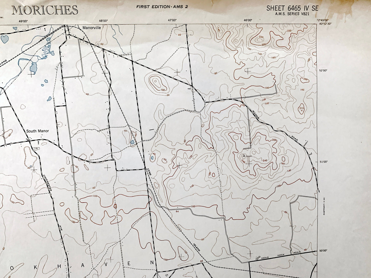 Antique Moriches, New York 1947 US Geological Survey Topographic Map – Suffolk County, Brookhaven, Shirley, Mastic Beach, East Hamptons, NY