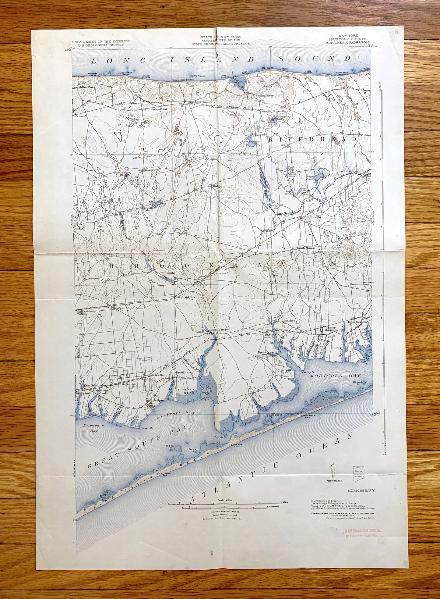 Antique The Hamptons, Long Island, New York 1904 US Geological Survey Topographic Map – Suffolk County, Moriches, Brookhaven, Riverhead, NY