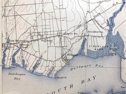 Antique The Hamptons, Long Island, New York 1904 US Geological Survey Topographic Map – Suffolk County, Moriches, Brookhaven, Riverhead, NY