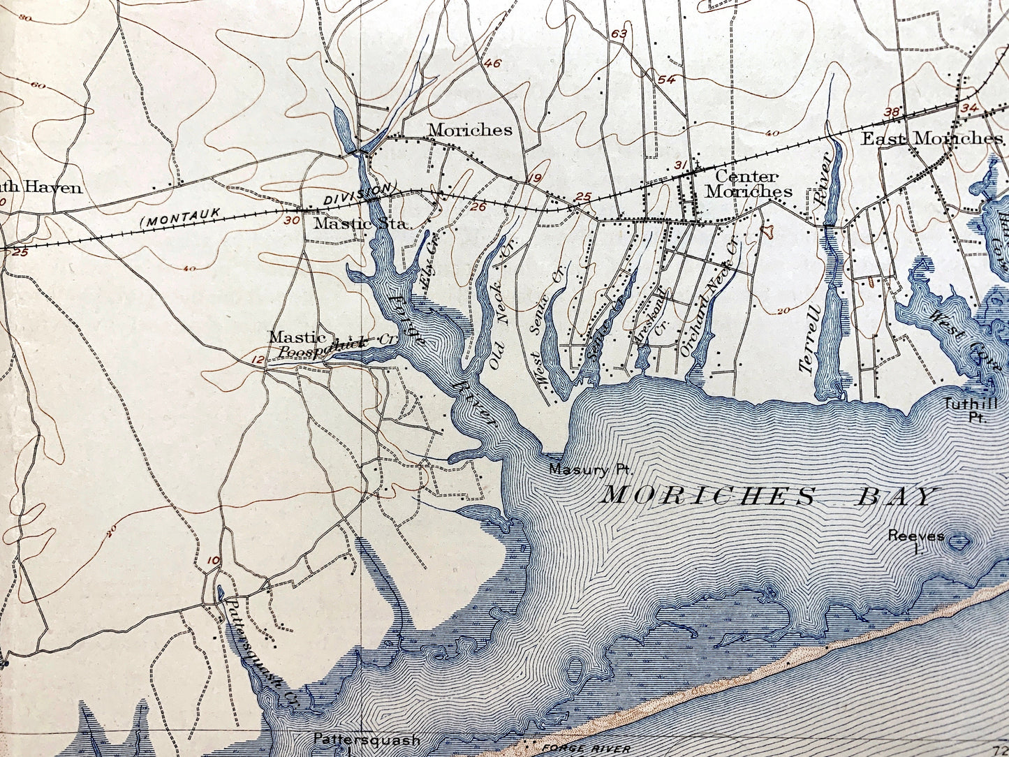 Antique The Hamptons, Long Island, New York 1904 US Geological Survey Topographic Map – Suffolk County, Moriches, Brookhaven, Riverhead, NY