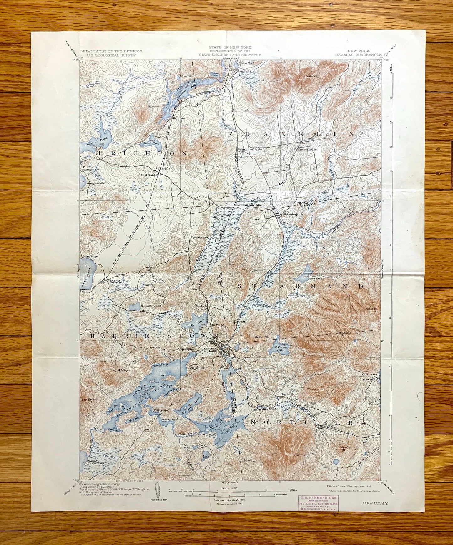 Antique Saranac Lake, New York 1904 US Geological Survey Topographic Map – Adirondacks, Brighton, Franklin, Harrietstown, St Armand, Elba NY