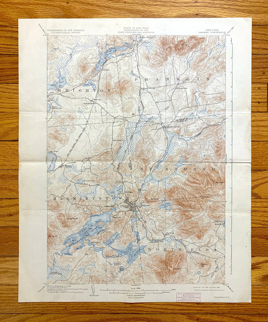 Antique Saranac Lake, New York 1904 US Geological Survey Topographic Map – Adirondacks, Brighton, Franklin, Harrietstown, St Armand, Elba NY