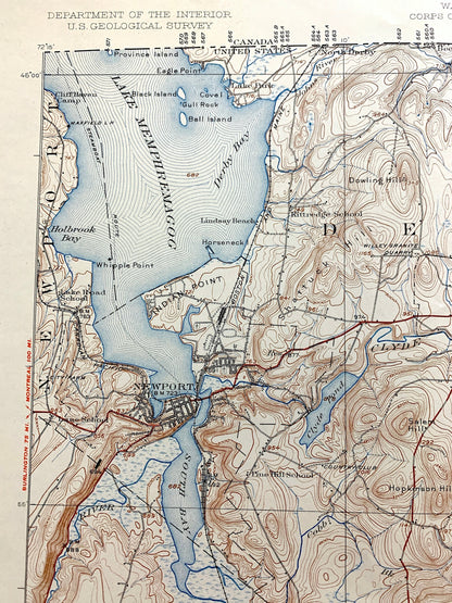 Antique Memphremagog, Vermont 1925 US Geological Survey Topographic Map – Newport, Derby, Conventry, Orleans County, Brownington Westmore VT