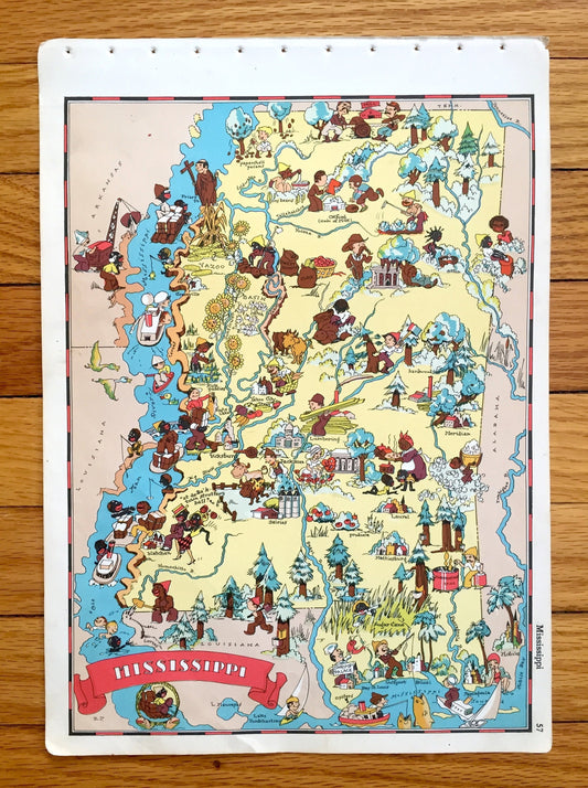 Antique 1935 Mississippi State Map from Our Gay Geography by Ruth Taylor – Jackson, Gulfport, Southaven, Hattiesburg, Biloxi, Tupelo, MS