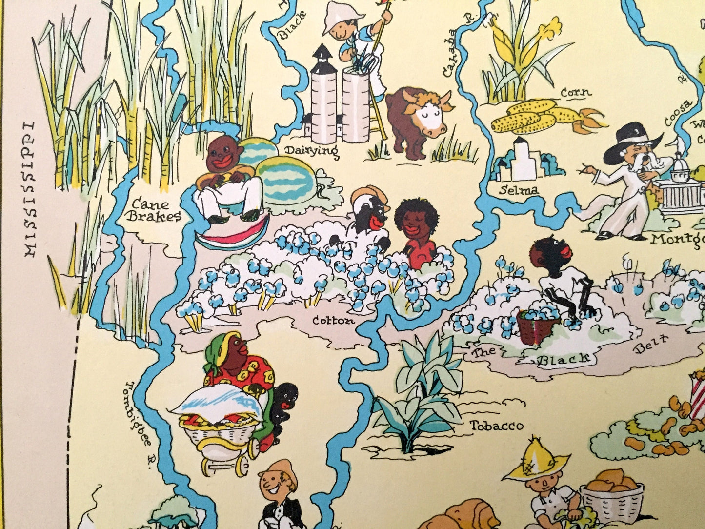 Antique 1935 Alabama State Map from Our Gay Geography by Ruth Taylor – Mobile, Montgomery, Huntsville, Tuskegee, Birmingham, Pensacola, AL