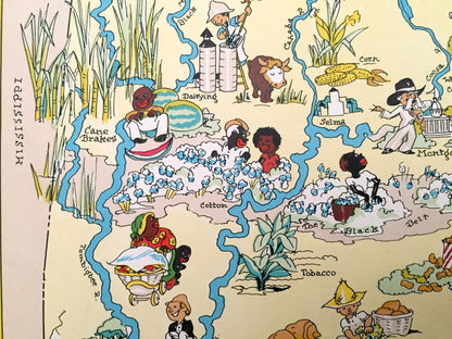 Antique 1935 Alabama State Map from Our Gay Geography by Ruth Taylor – Mobile, Montgomery, Huntsville, Tuskegee, Birmingham, Pensacola, AL