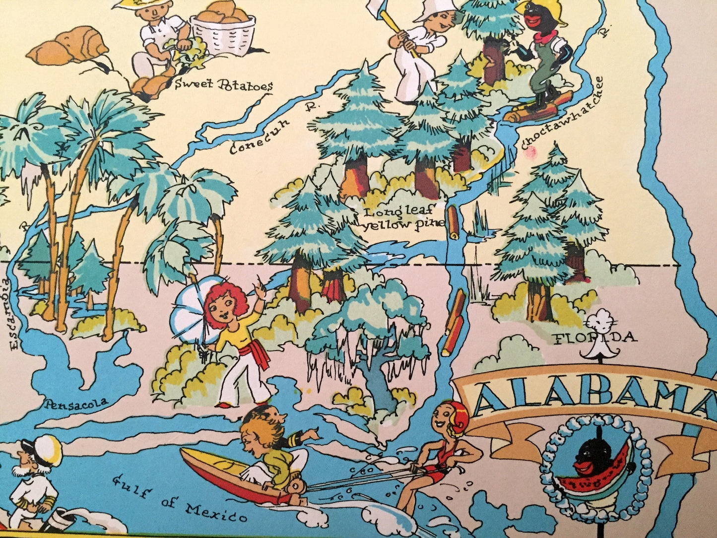 Antique 1935 Alabama State Map from Our Gay Geography by Ruth Taylor – Mobile, Montgomery, Huntsville, Tuskegee, Birmingham, Pensacola, AL