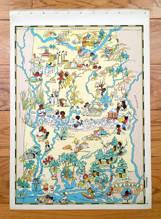 Antique 1935 Alabama State Map from Our Gay Geography by Ruth Taylor – Mobile, Montgomery, Huntsville, Tuskegee, Birmingham, Pensacola, AL