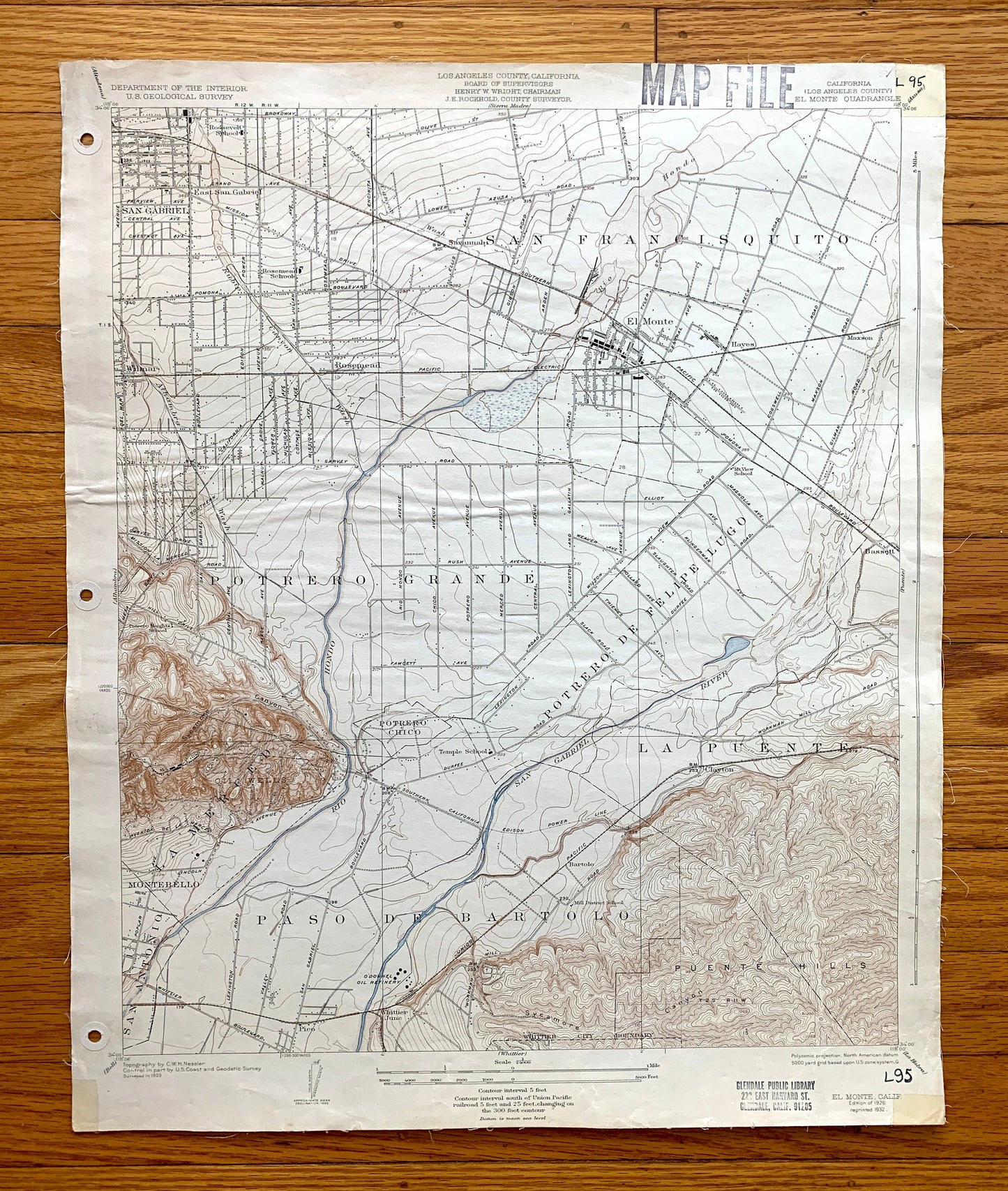 Antique El Monte, California 1926 US Geological Survey Topographic Map – Los Angeles, San Marino, San Gabriel, Alhambra, Monterey Park, CA