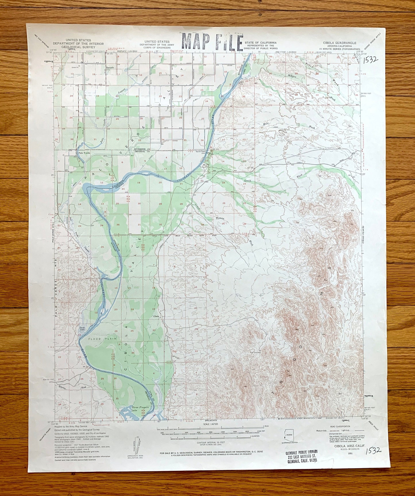 Antique Cibola, Arizona 1951 US Geological Survey Topographic Map – Palo Verde, Colorado River, Yuma Imperial County California, AZ, CA