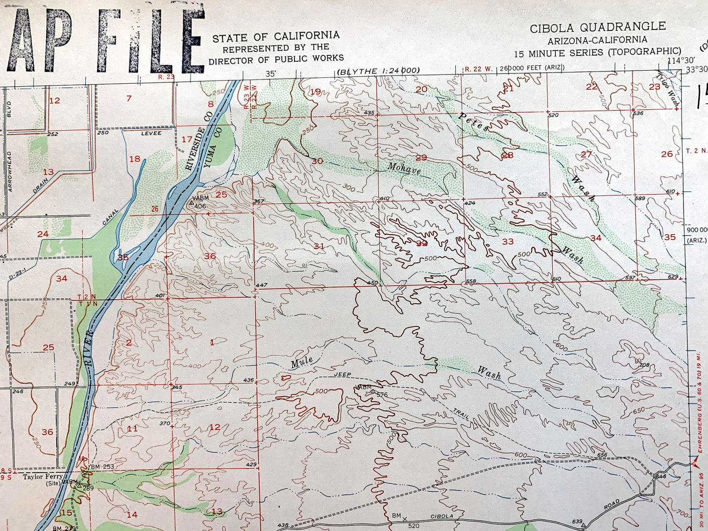 Antique Cibola, Arizona 1951 US Geological Survey Topographic Map – Palo Verde, Colorado River, Yuma Imperial County California, AZ, CA