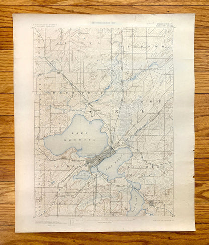 Antique Madison, Wisconsin 1892 US Geological Survey Topographic Map – Dane County, Elmside, Waunakee, Lake Mendota, Monona, Waubesa Dunn WI