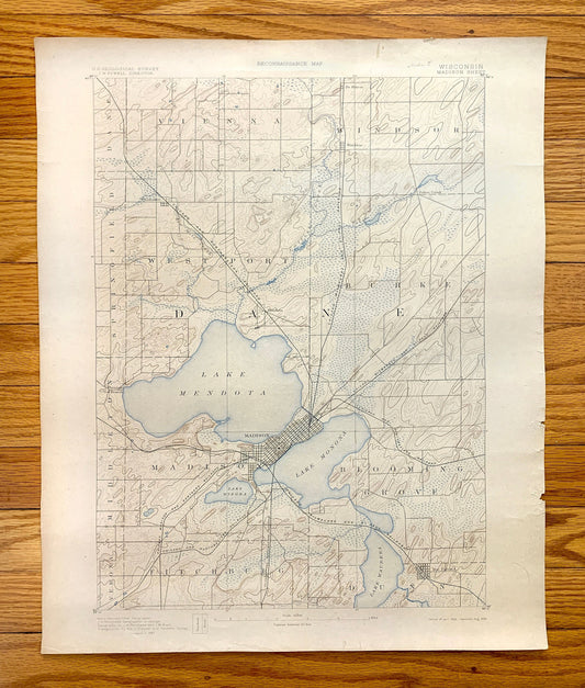 Antique Madison, Wisconsin 1892 US Geological Survey Topographic Map – Dane County, Elmside, Waunakee, Lake Mendota, Monona, Waubesa Dunn WI