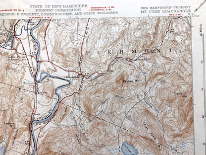 Antique Mt Cube, New Hampshire 1933 US Geological Survey Topographic Map – Grafton County, Orford, Lyme, Thetford, Fairlee, Vermont, NH VT