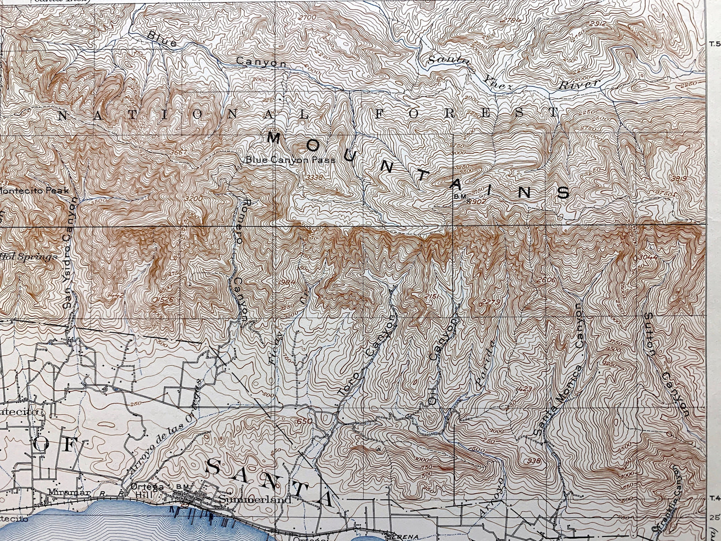 Antique Santa Barbara, California 1903 US Geological Survey Topographic Map – Montecito, Summerland, El Rincon, Santa Ynez Mountains CA