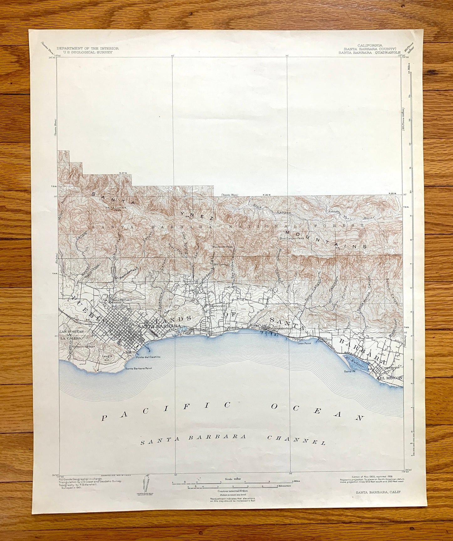 Antique Santa Barbara, California 1903 US Geological Survey Topographic Map – Montecito, Summerland, El Rincon, Santa Ynez Mountains CA