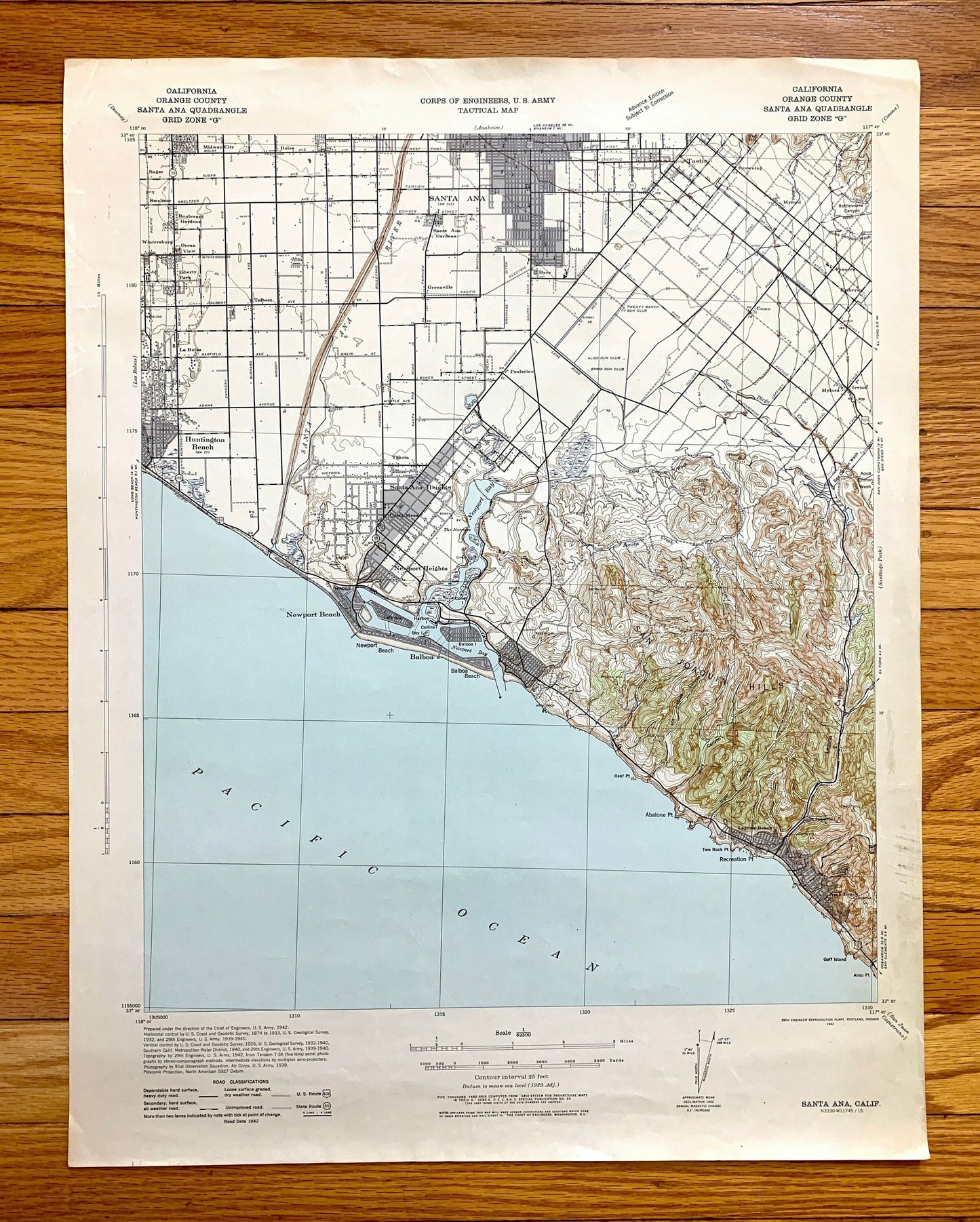 Antique Newport Beach, California 1942 US Geological Survey Topographic Map – Santa Ana, Huntington, Corona del Mar, Orange County, CA