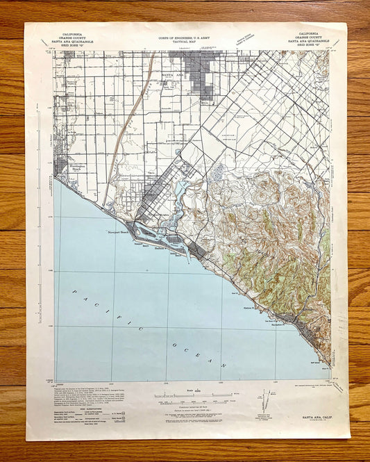 Antique Newport Beach, California 1942 US Geological Survey Topographic Map – Santa Ana, Huntington, Corona del Mar, Orange County, CA