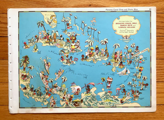 Antique 1935 West Indies Map from Our Gay Geography by Ruth Taylor – Panama, Puerto Rico, Jamaica Cuba Key West Antilles Virgin Caribbean FL