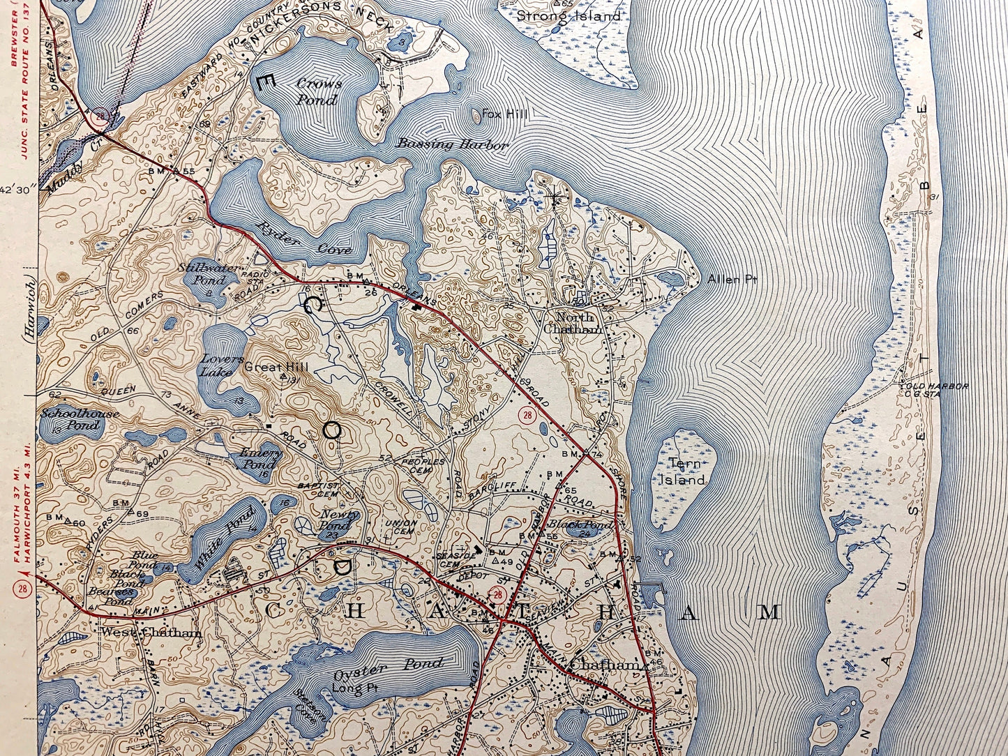 Antique Chatham, Massachusetts 1943 US Geological Survey Topographic Map – Barnstable County, Brewster, Harwich, South Orleans, Cape Cod, MA