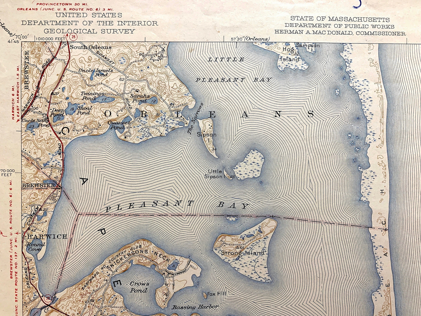 Antique Chatham, Massachusetts 1943 US Geological Survey Topographic Map – Barnstable County, Brewster, Harwich, South Orleans, Cape Cod, MA