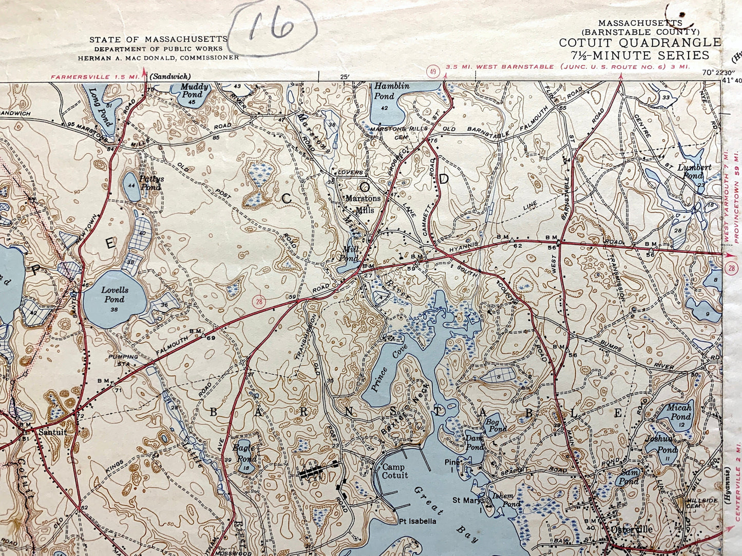 Antique Mashpee, Massachusetts 1943 US Geological Survey Topographic Map – Cape Cod, Cotuit, Barnstable County, Nantucket Sound, Sandwich MA
